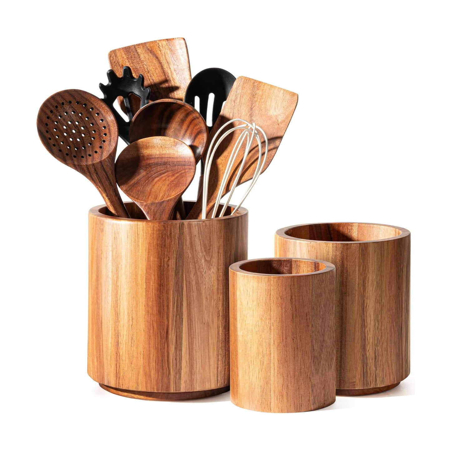 Utensil Holder 3 Pack, 360° Rotating Acacia Wood Cooking Utensil Crocks for Kitchen Counter, Farmhouse & Modern Decor