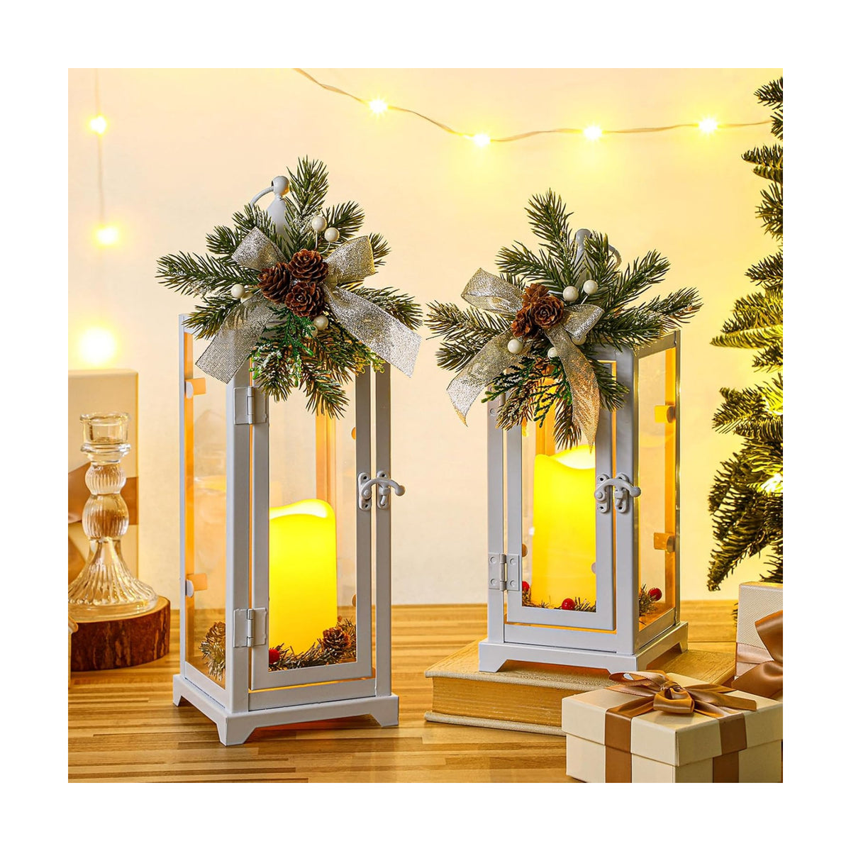 White 2 Pcs Christmas Metal Candle Lantern and LED Fake Candles 12'' and 15'' Decorative Lanterns with Xmas Ornament