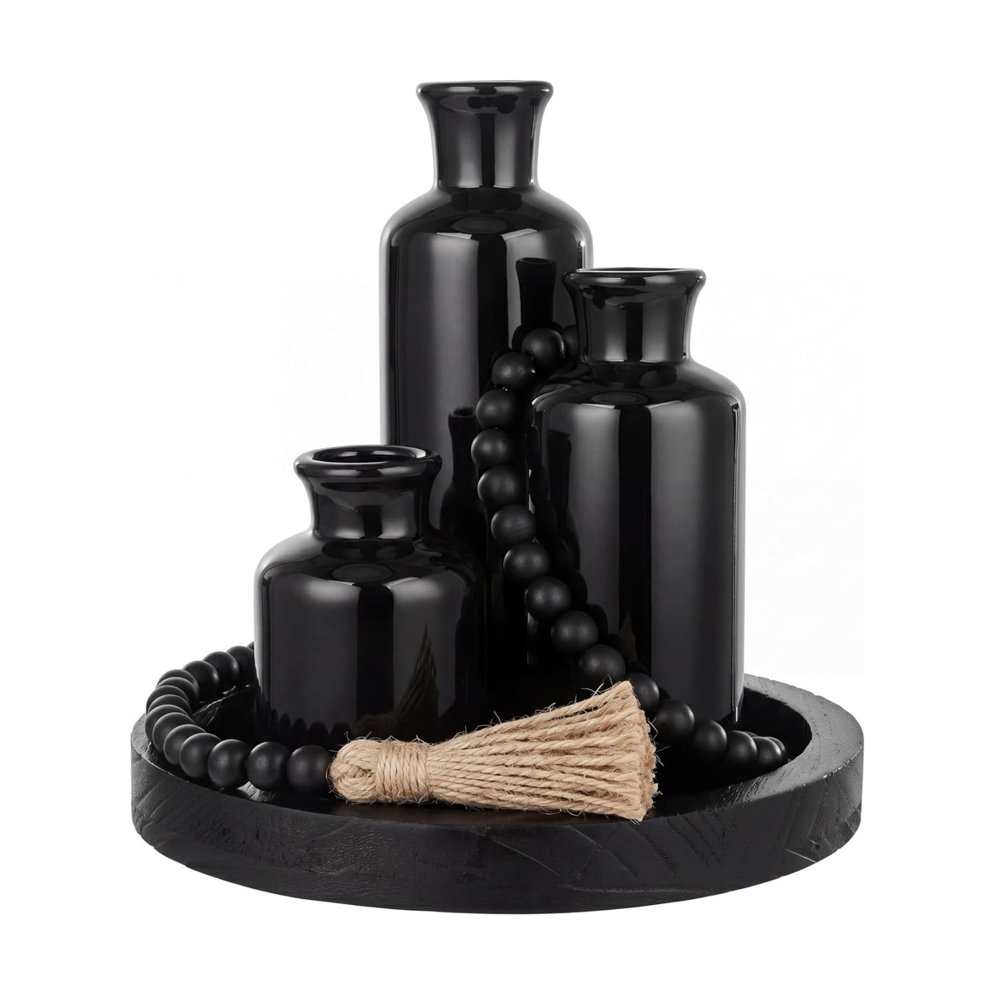 Wooden Serving Tray Wood Bead Garland Tassels / Black / Set of 5
