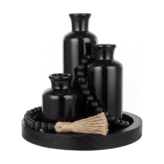 Wooden Serving Tray Wood Bead Garland Tassels / Black / Set of 5