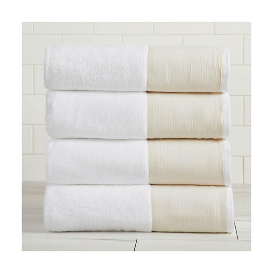 Great Bay Home White Bath Towel Set - Ultra-Soft 100% Cotton, Linen Like Border Design - 4 Bath Towels (54" x 30")