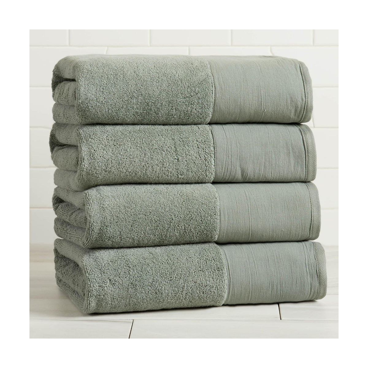 Green Bath Towel Set - Ultra-Soft 100% Cotton, Linen Like Border Design - 4 Bath Towels (54" x 30") - Absorbent