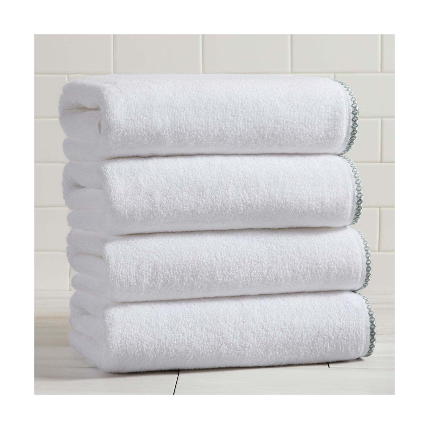 White/Green Bath Towel Set - Ultra-Soft Cotton, Boho-Chic Border Design - 4 Bath Towels (54" x 30") - Absorbent