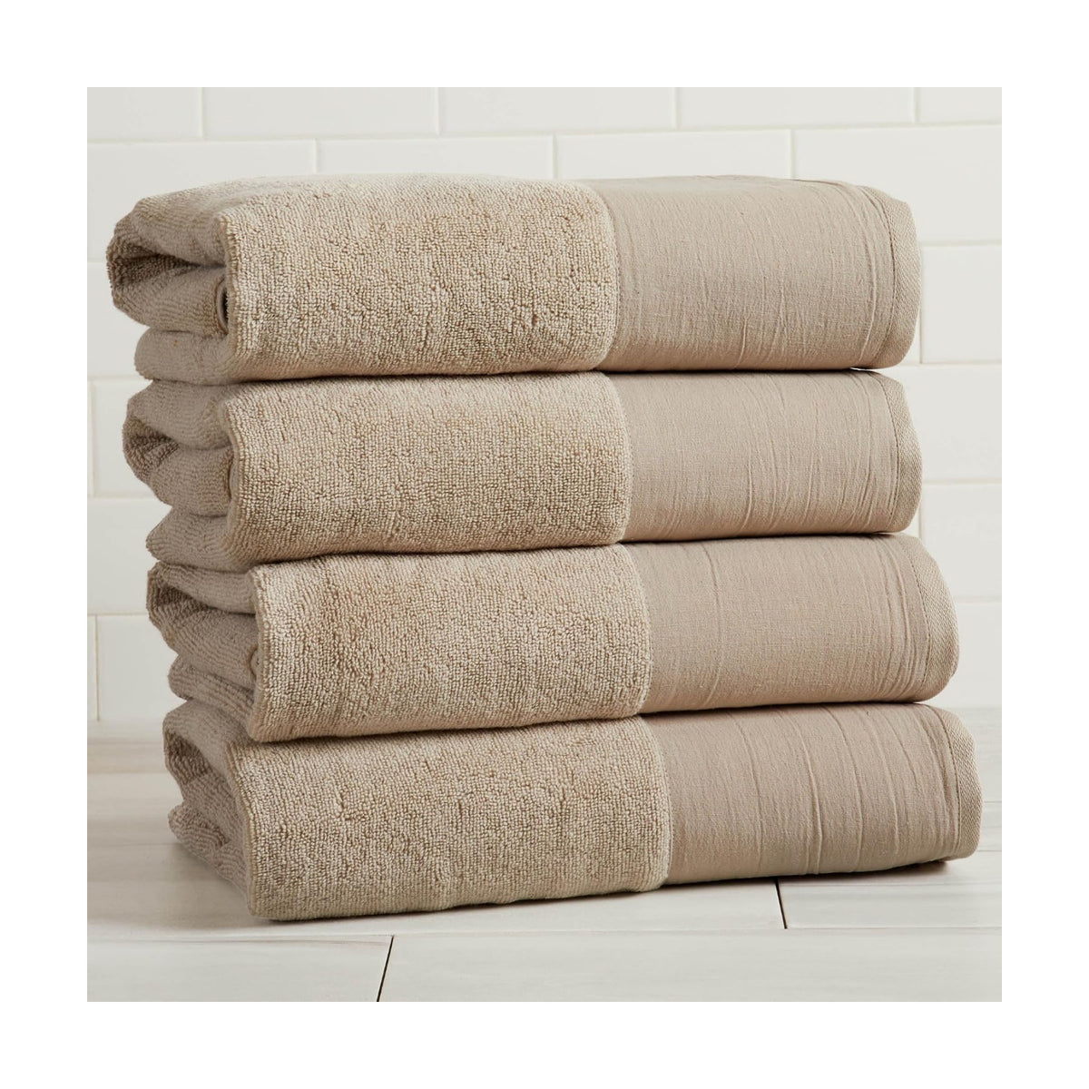 Great Bay Home Light Grey Bath Towel Set - Ultra-Soft 100% Cotton, Linen Like Border Design - 4 Bath Towels (54" x 30")