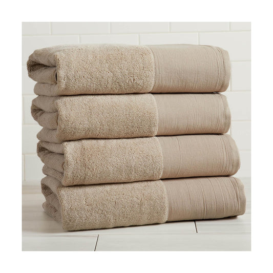 Great Bay Home Light Grey Bath Towel Set - Ultra-Soft 100% Cotton, Linen Like Border Design - 4 Bath Towels (54" x 30")