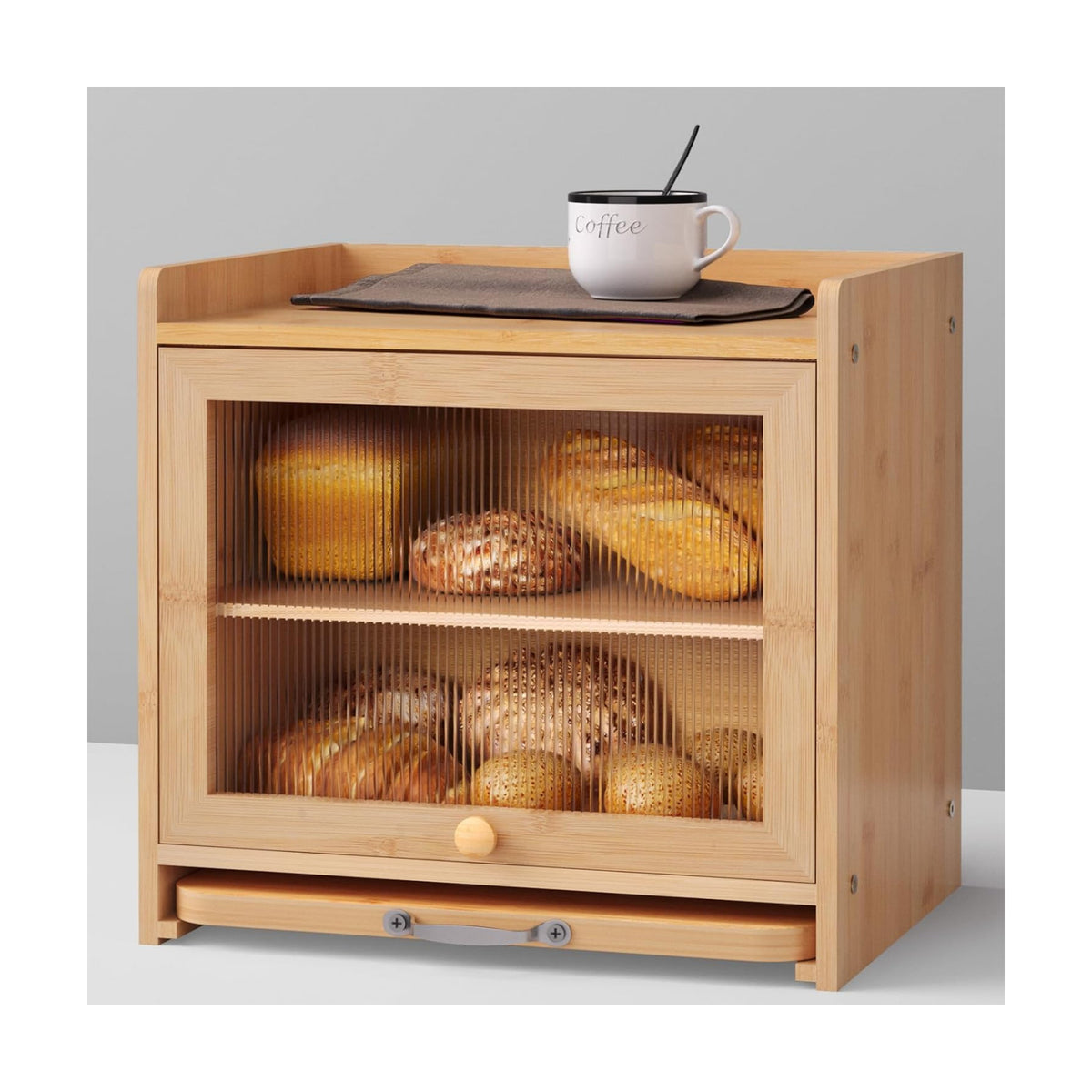 Bamboo Bread Box, Double Layer, Cutting Board, Kitchen, Natural | See-Inside Acrylic, Magnetic Closure, Countertop