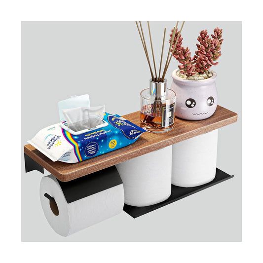 Double Toilet Paper Holder with Wide Solid Wood Shelf | 16" x 5.31" Double Roll Holder Fits Phone & Large Wipes Storage