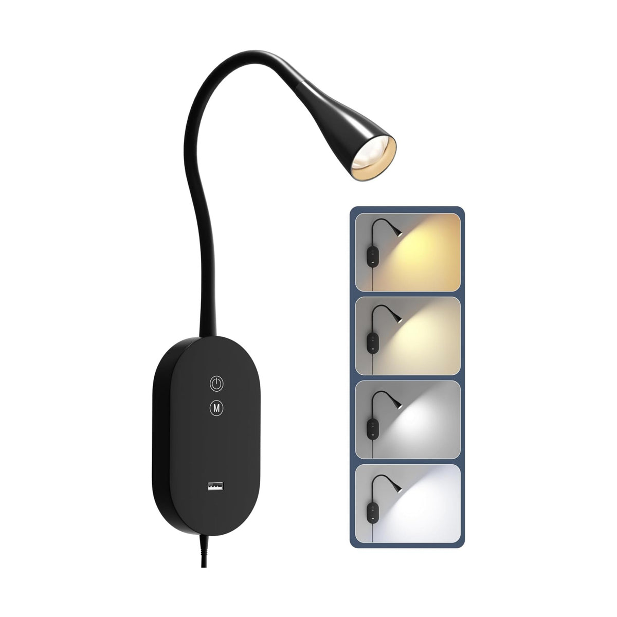 Wall Reading Light for Bed, CRI95+ LED Lamp,USB Charging,Memory Black | Comfortable bedside lighting with natural