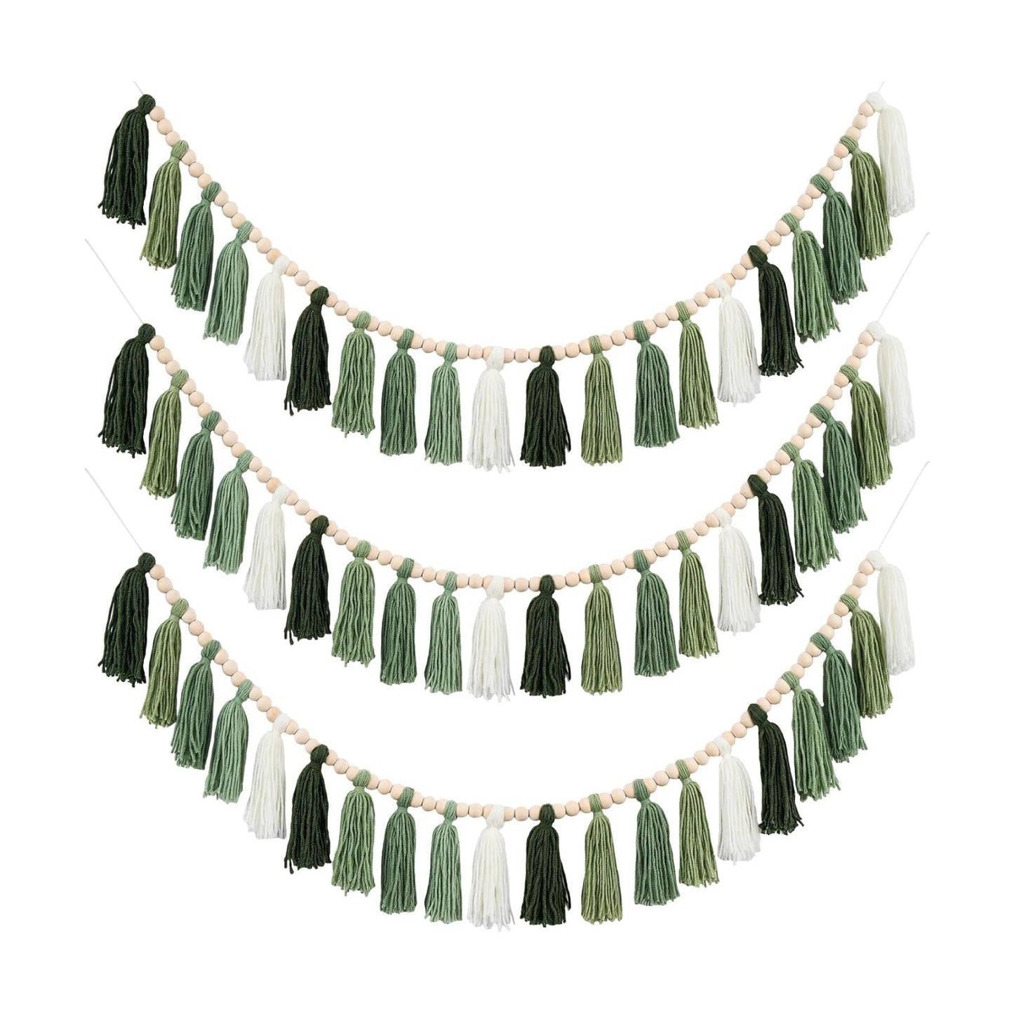 Boho Yarn Tassel Garlands Sage Wall Hanging Decoration / Green / Set of 3