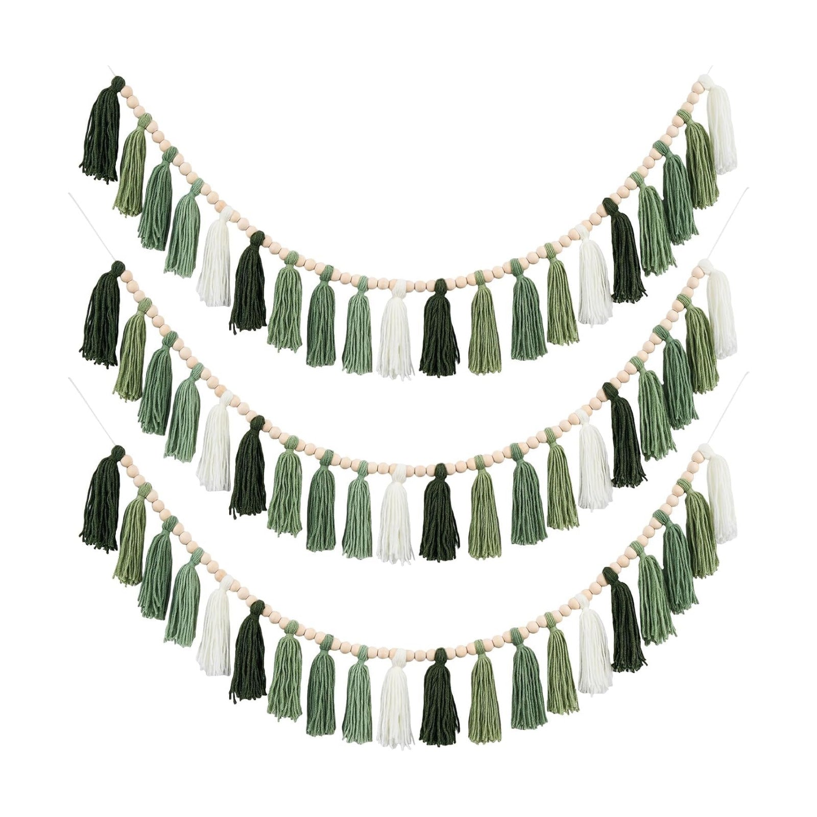 Boho Yarn Tassel Garlands Sage Wall Hanging Decoration / Green / Set of 3