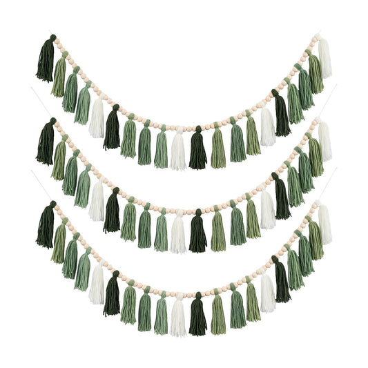 Boho Yarn Tassel Garlands Sage Wall Hanging Decoration / Green / Set of 3