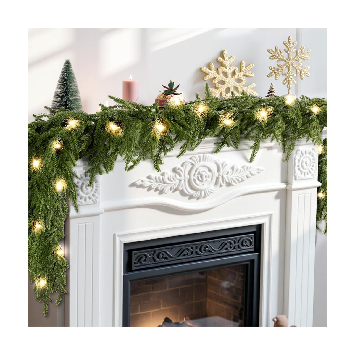 12FT Christmas Garland with Lights, 8 Flash Style with Timer for Indoor & Outdoor Christmas Decorations, Real Touch