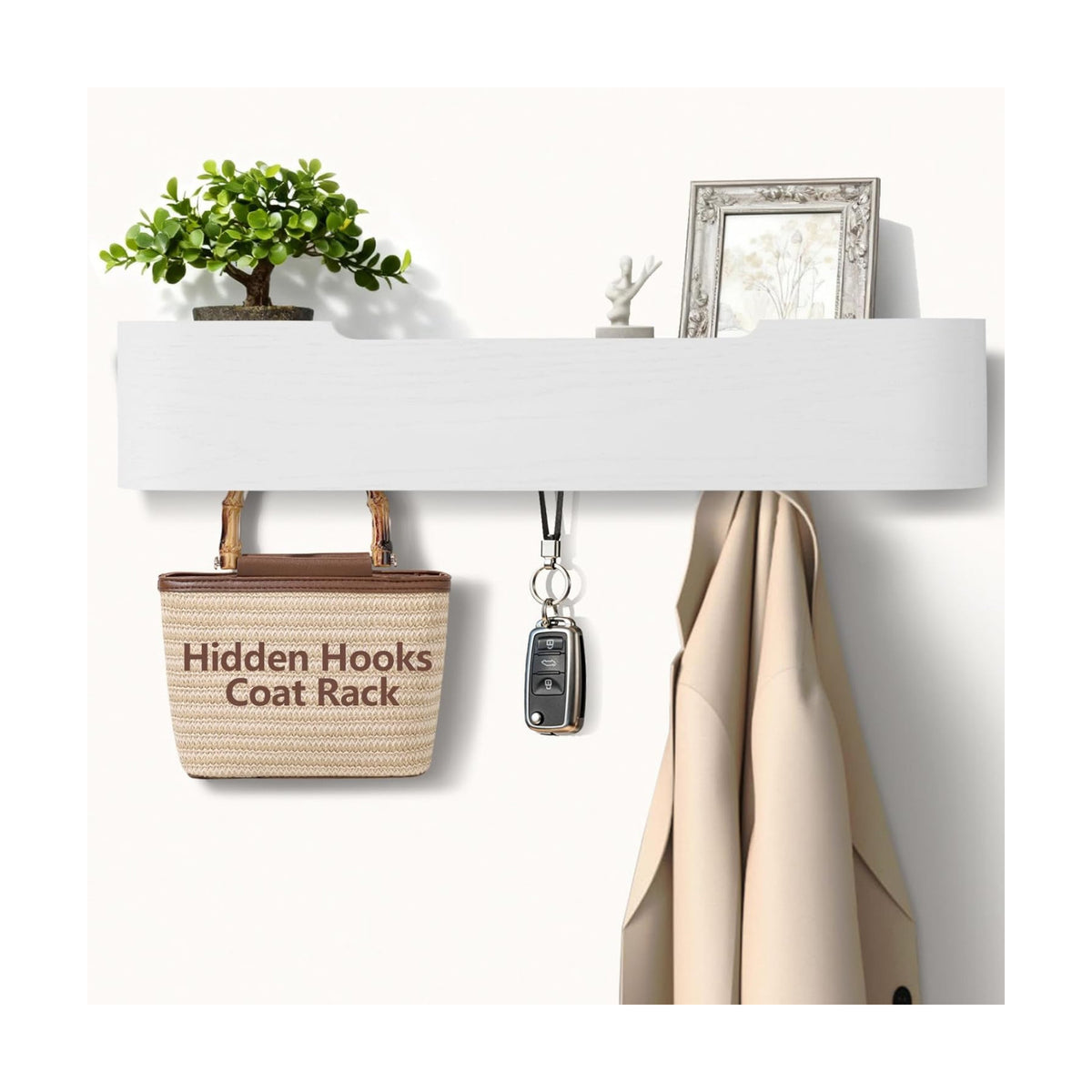 Coat Rack Wall Mount with Hidden Hooks Modern Key Holder Wood Entryway Hook with Shelf for Bedroom Kitchen Hallway