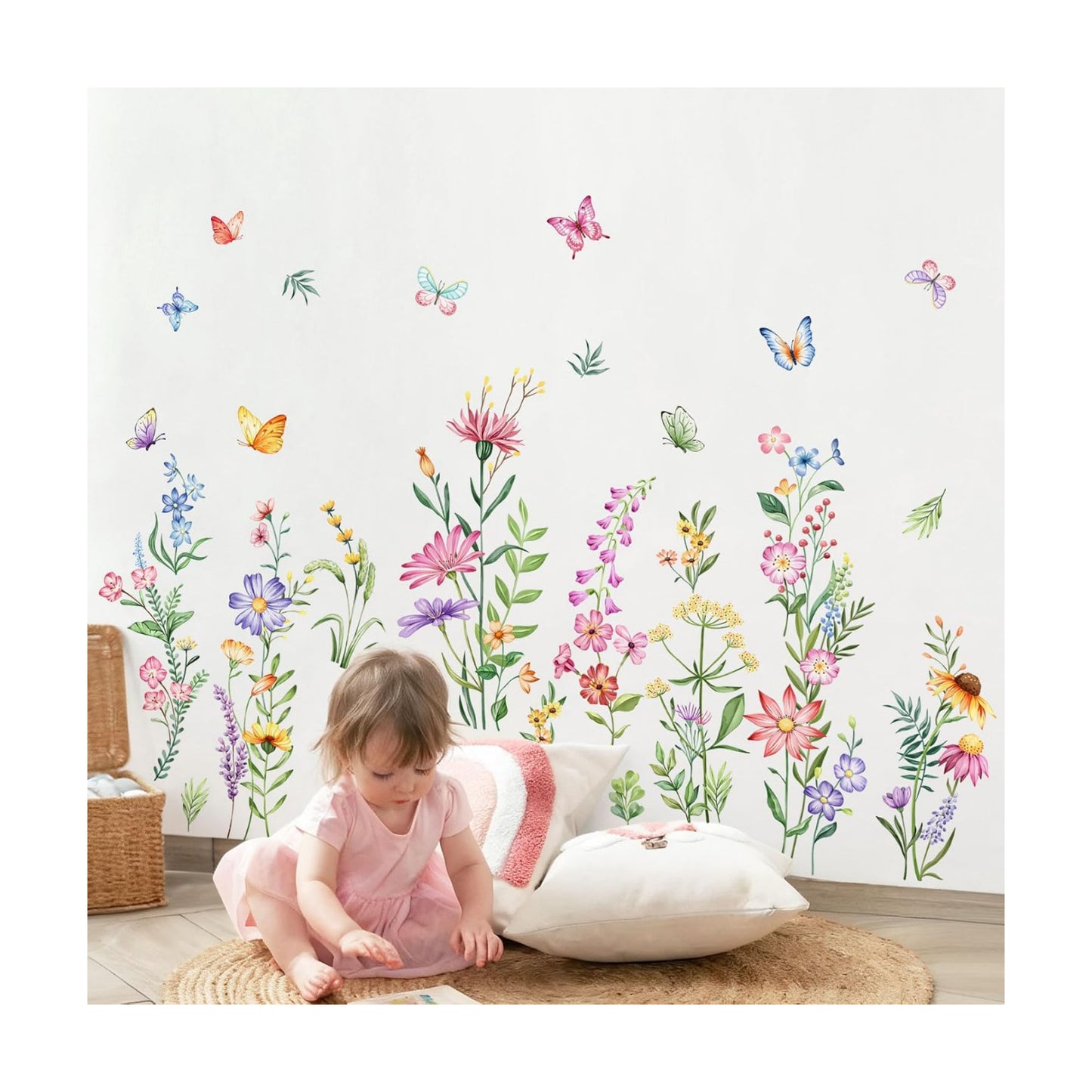 Flower Wall Decals Watercolor Wildflower Grass Butterflies Wall Stickers Peel / Retro Wildflower