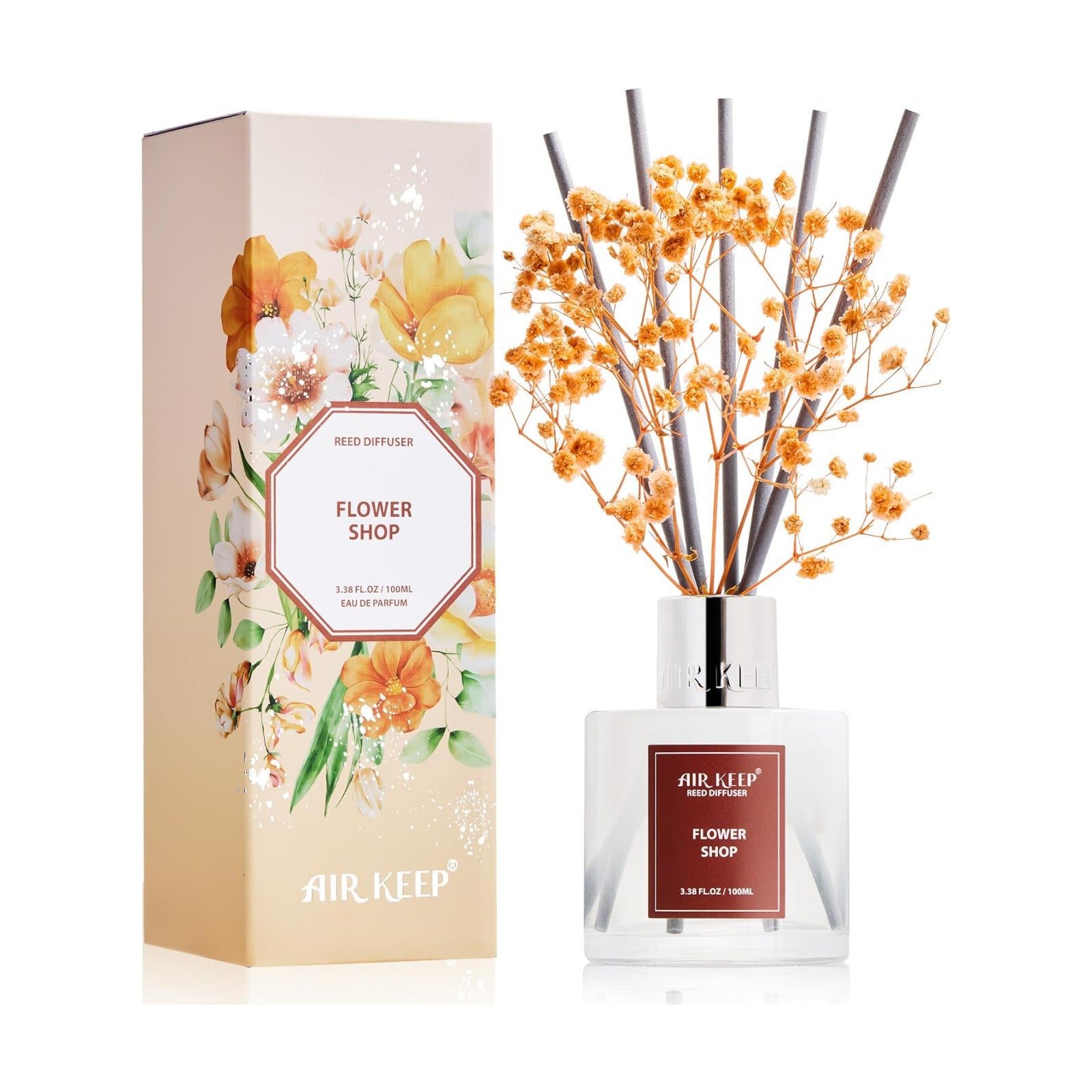 Airkeep Reed Diffuser Set,3.38 fl oz (100 ml) - Flower Shop Oil Diffusers with 8 Reed Sticks, Home Fragrance Reed