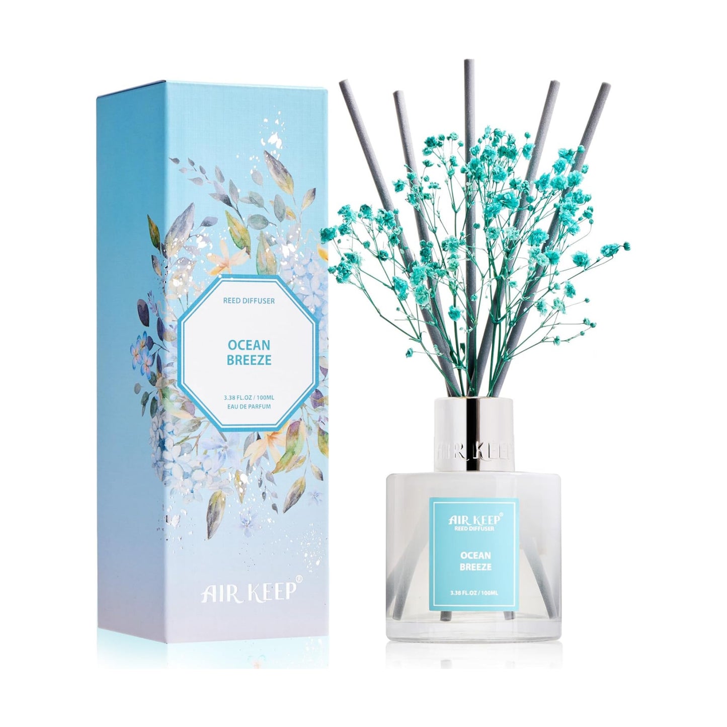 Airkeep Reed Diffuser Set,3.38 fl oz (100 ml) - Ocean Breeze Oil Diffusers with 8 Reed Sticks, Home Fragrance Reed