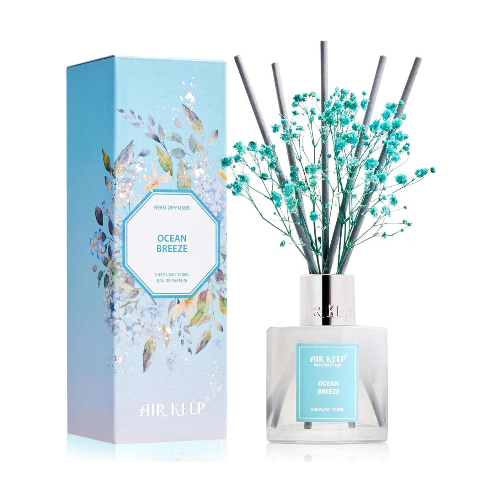 Airkeep Reed Diffuser Set,3.38 fl oz (100 ml) - Ocean Breeze Oil Diffusers with 8 Reed Sticks, Home Fragrance Reed