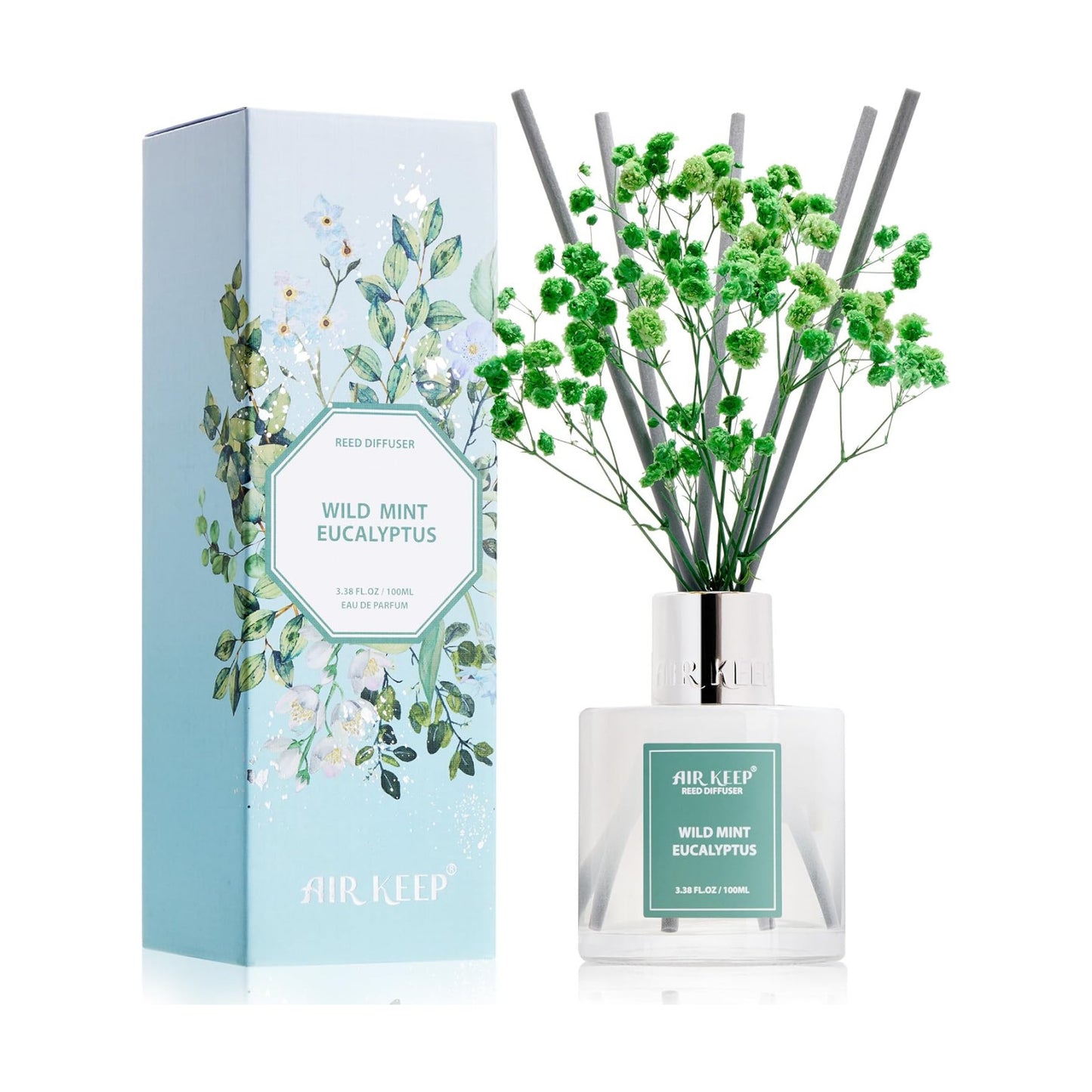 Airkeep Reed Diffuser Set,3.38 fl oz (100 ml) - Wild Mint&Eucalyptus Oil Diffusers with 8 Reed Sticks, Home Fragrance