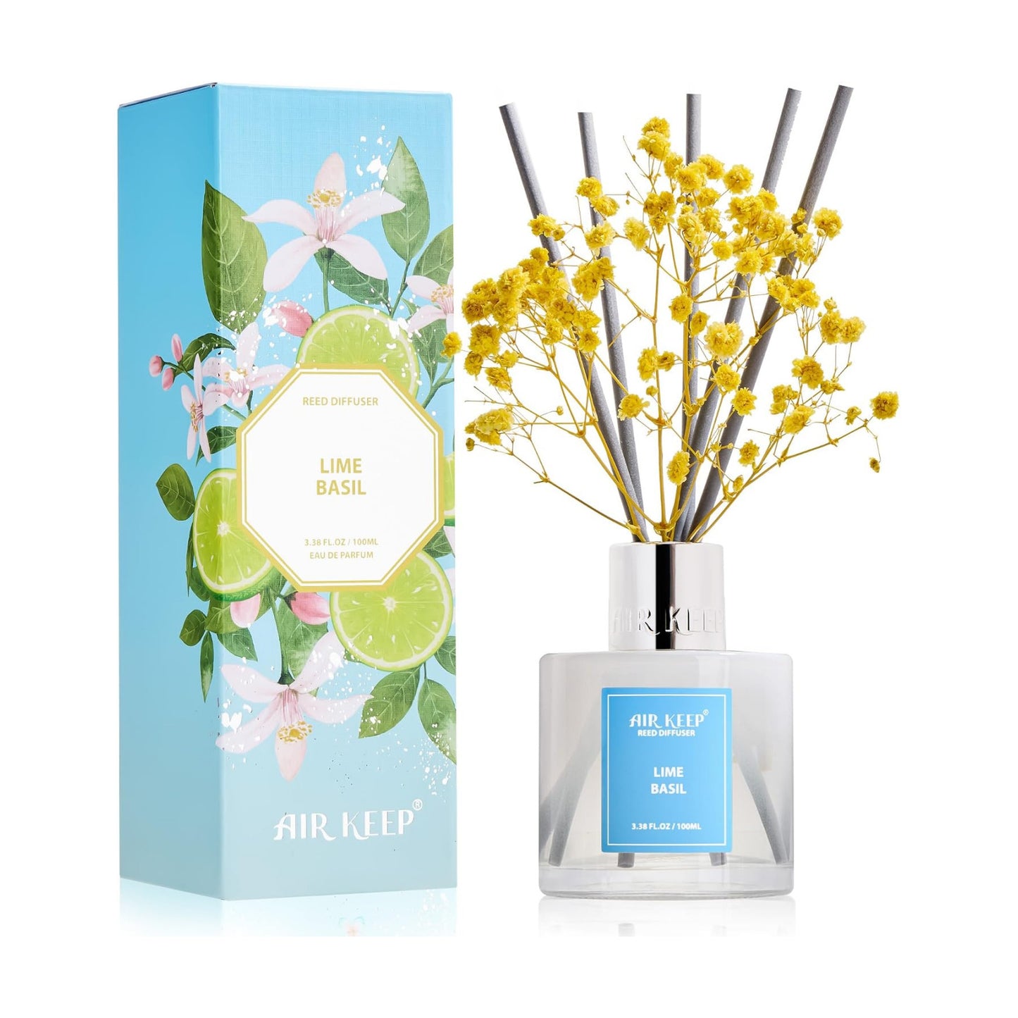 Airkeep Reed Diffuser Set,3.38 fl oz (100 ml) - Lime Basil Oil Diffusers with 8 Reed Sticks, Home Fragrance Reed