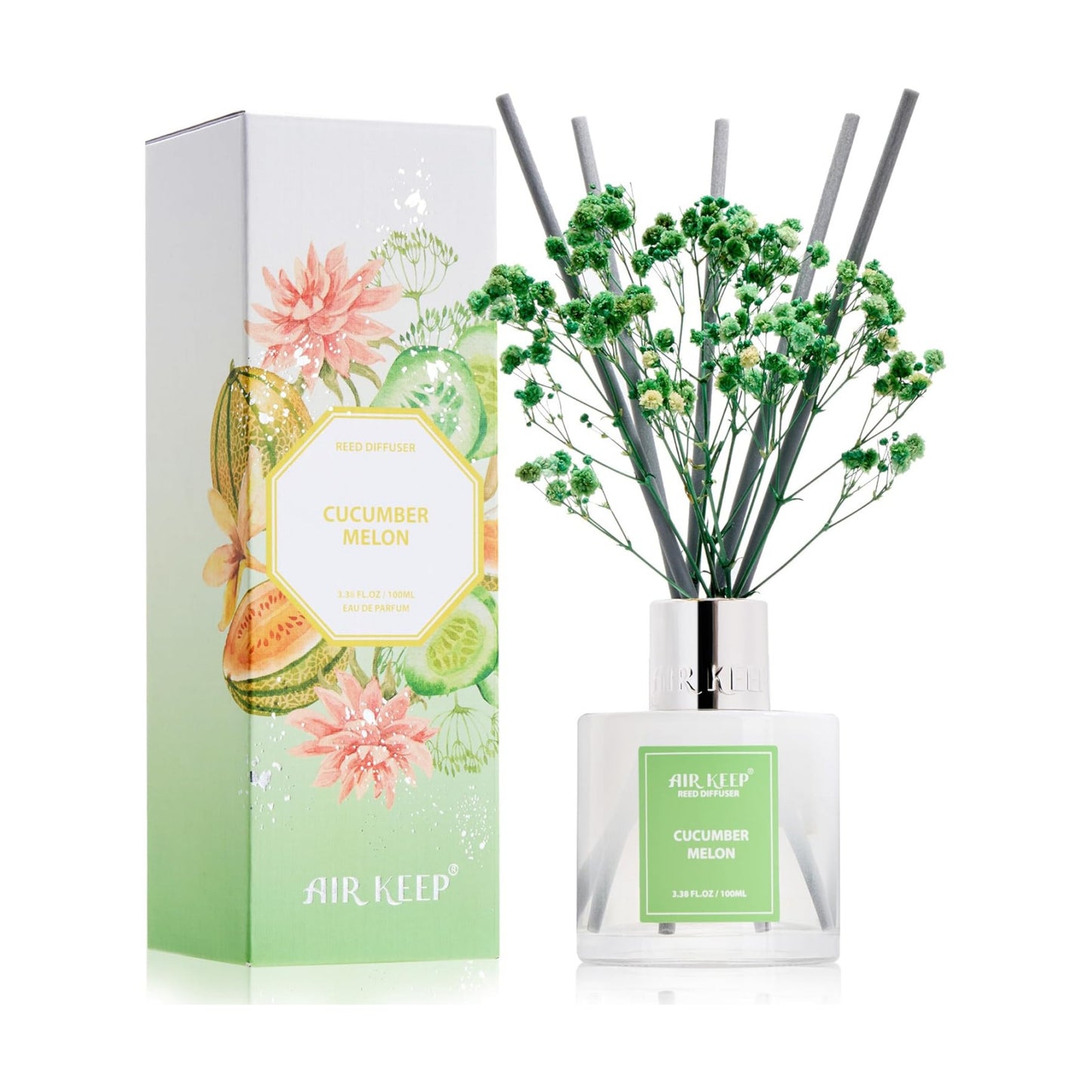 Airkeep Reed Diffuser Set,3.38 fl oz (100 ml) - Cucumber Melon Oil Diffusers with 8 Reed Sticks, Home Fragrance Reed