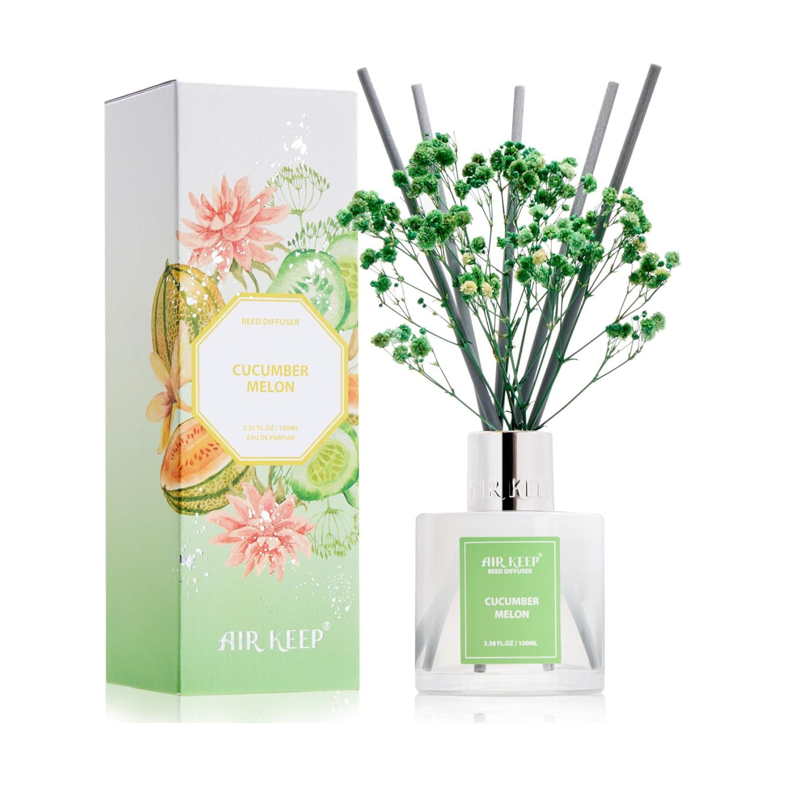 Airkeep Reed Diffuser Set,3.38 fl oz (100 ml) - Cucumber Melon Oil Diffusers with 8 Reed Sticks, Home Fragrance Reed