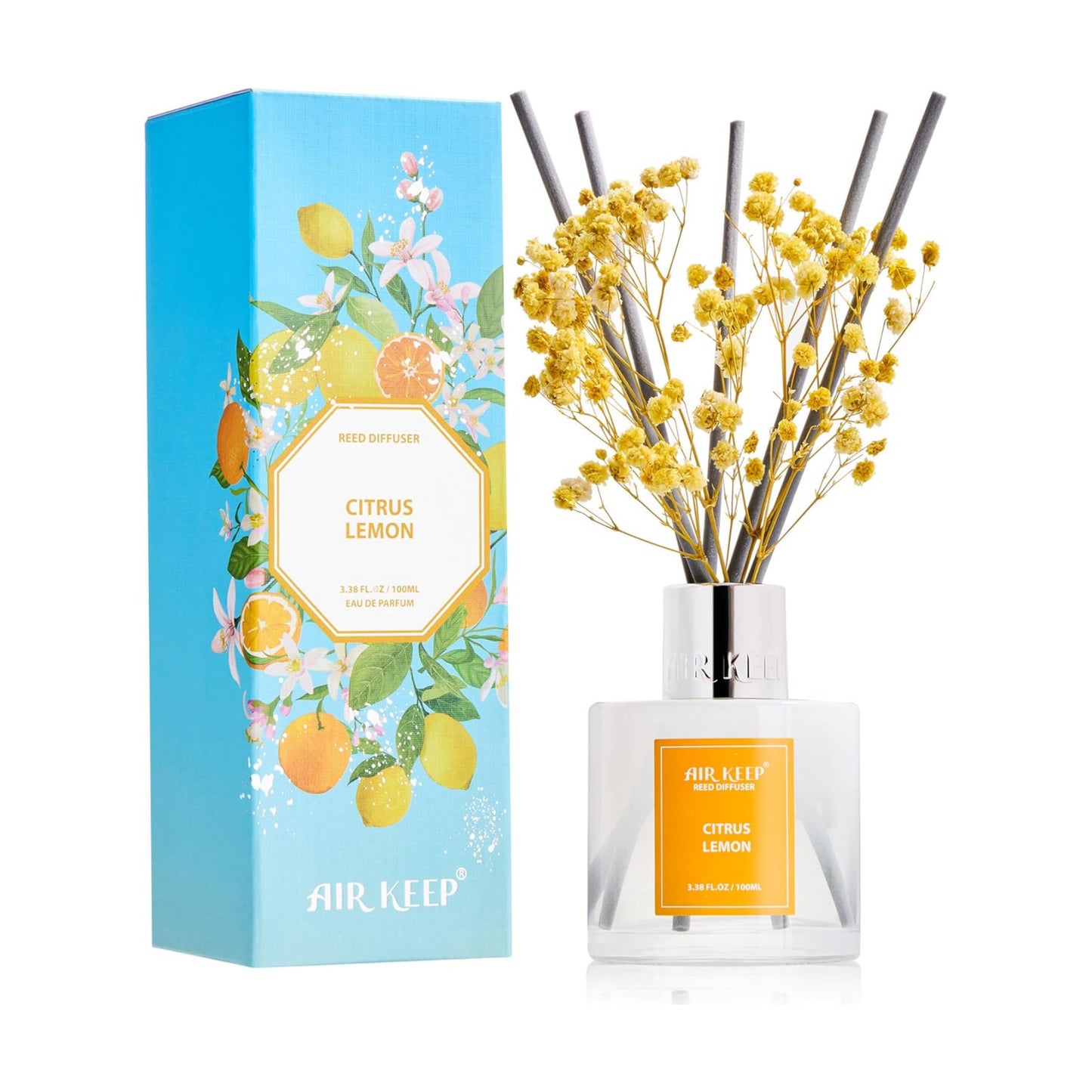 Airkeep Reed Diffuser Set,3.38 fl oz (100 ml) - Citrus Lemon Oil Diffusers with 8 Reed Sticks, Home Fragrance Reed
