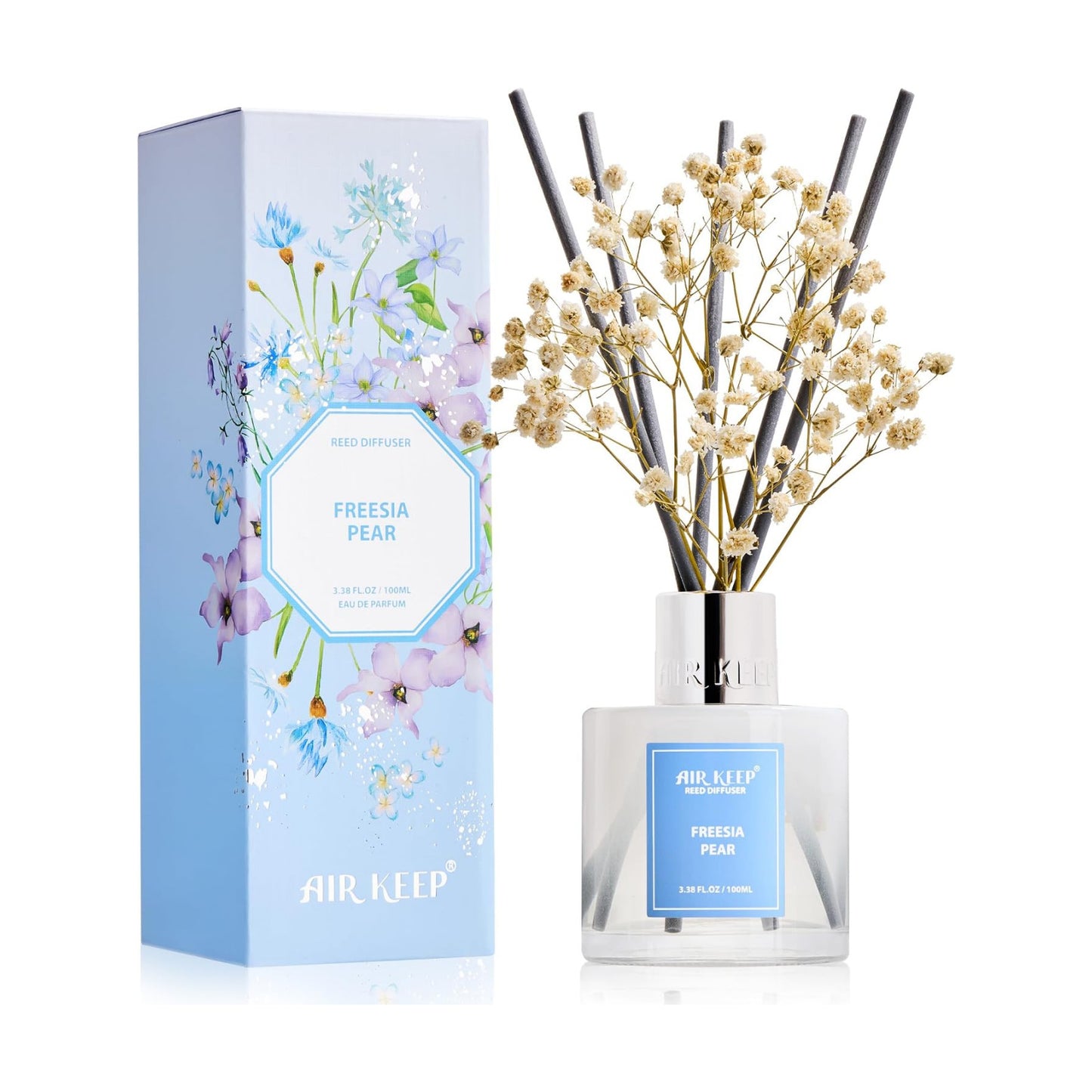 Airkeep Reed Diffuser Set,3.38 fl oz (100 ml) - Freesia Pear Oil Diffusers with 8 Reed Sticks, Home Fragrance Reed