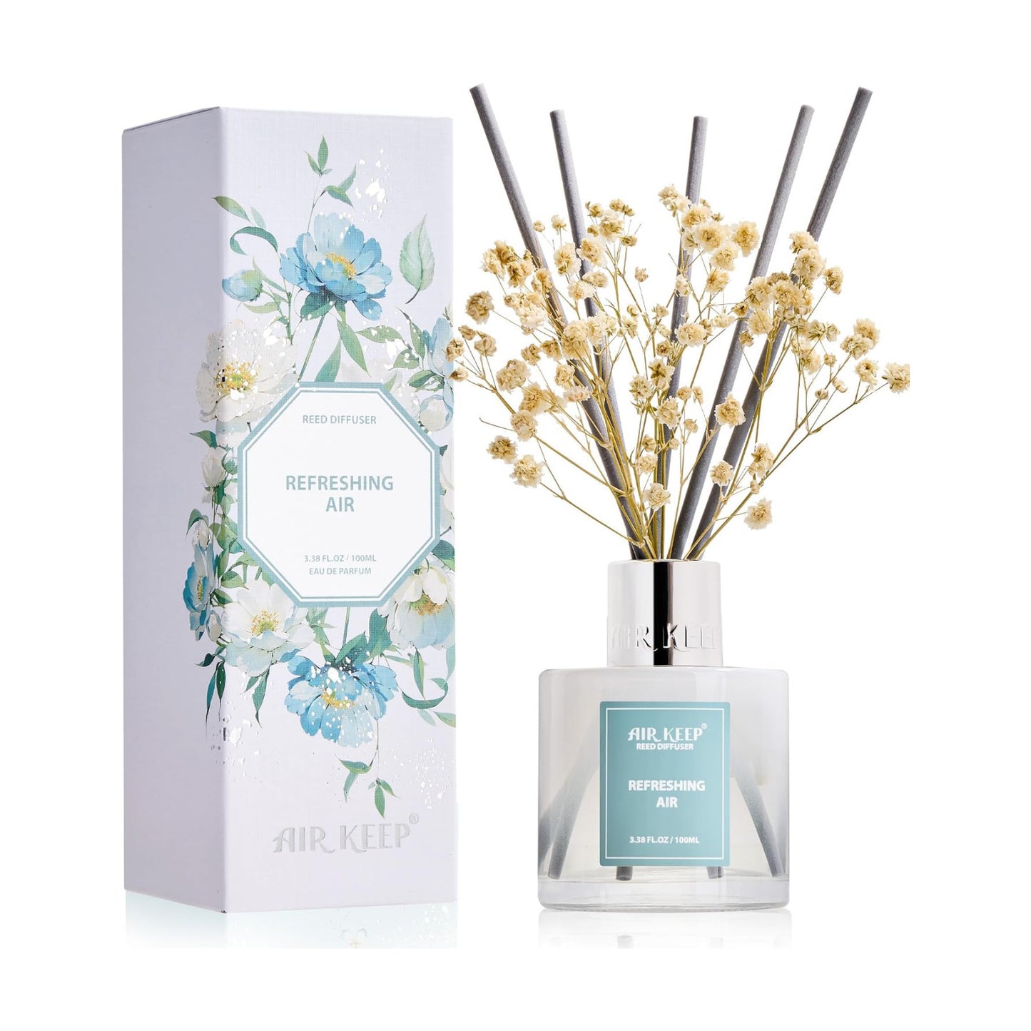 Airkeep Reed Diffuser Set,3.38 fl oz (100 ml) - Refreshing Air Oil Diffusers with 8 Reed Sticks, Home Fragrance Reed