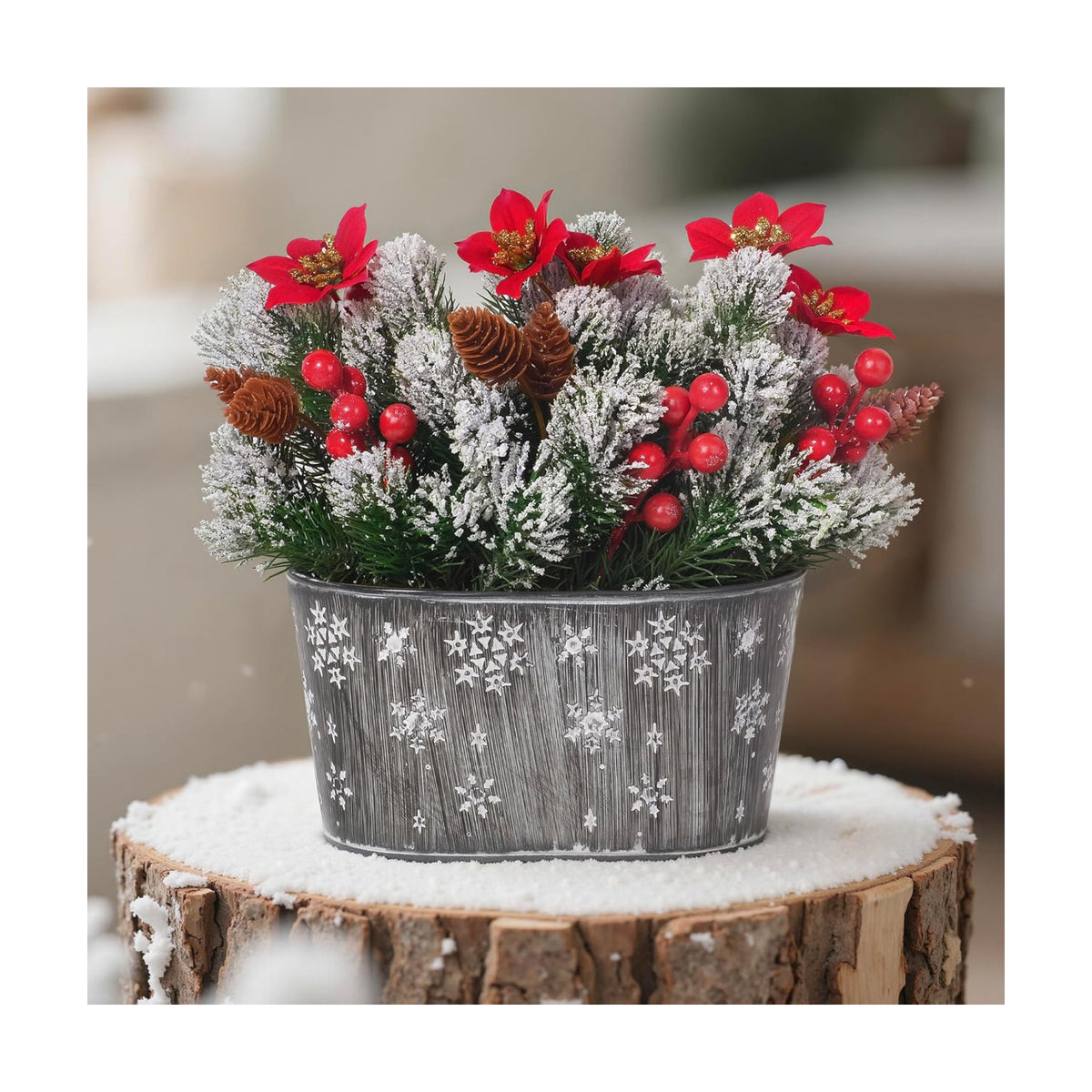Christmas Centerpiece Table Decorations, Artificial Norfolk Pine with Poinsettia Flowers, Pine Cones & Berries in Metal Planter, Dining Table & Coffee Table Centerpiece for Christmas Décor, 1-Pack