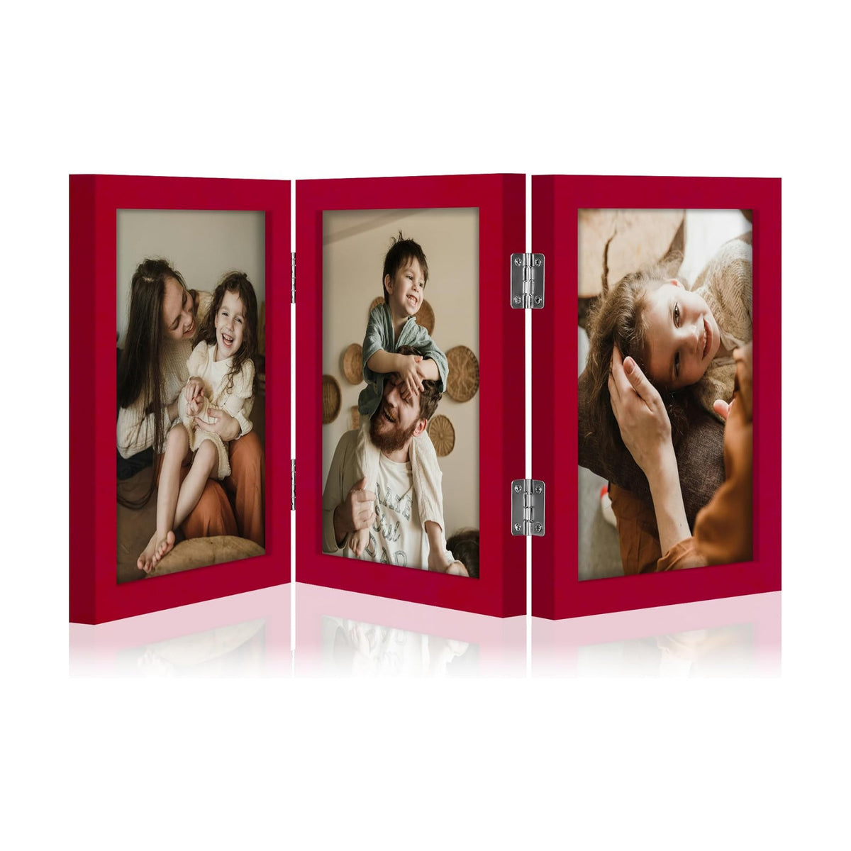 decorUhome Red Triple 5x7 Picture Frame Vertical, MDRD08 | "Z" Shape Folding Design Engineered Wood Trifold Photo Frame