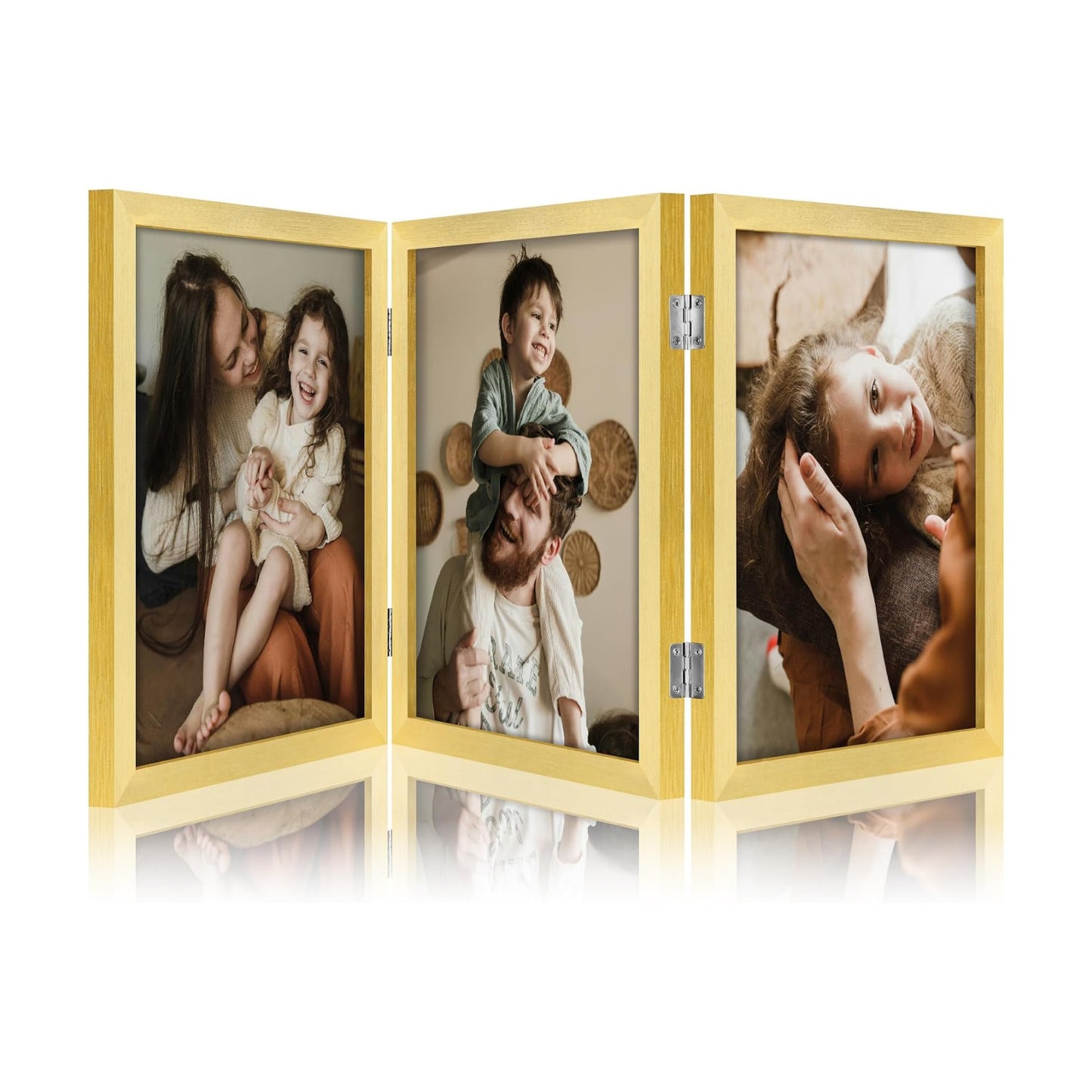 decorUhome Gold Triple 8x10 Picture Frame Vertical, MDGD08 | "Z" Shape Folding Design Engineered Wood Trifold Photo