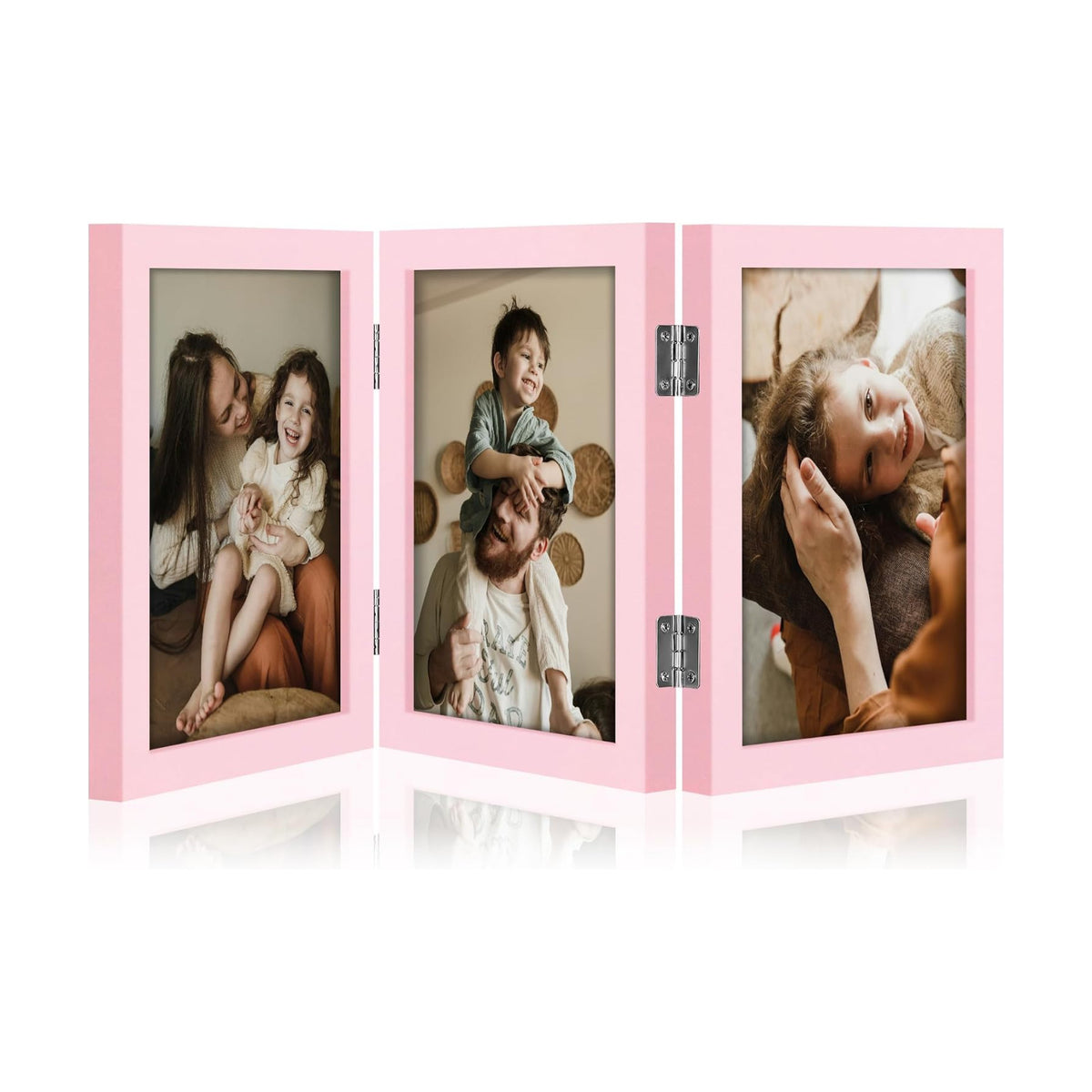 decorUhome Pink Triple 5x7 Picture Frame Vertical, MDPK08 | "Z" Shape Folding Design Engineered Wood Trifold Photo
