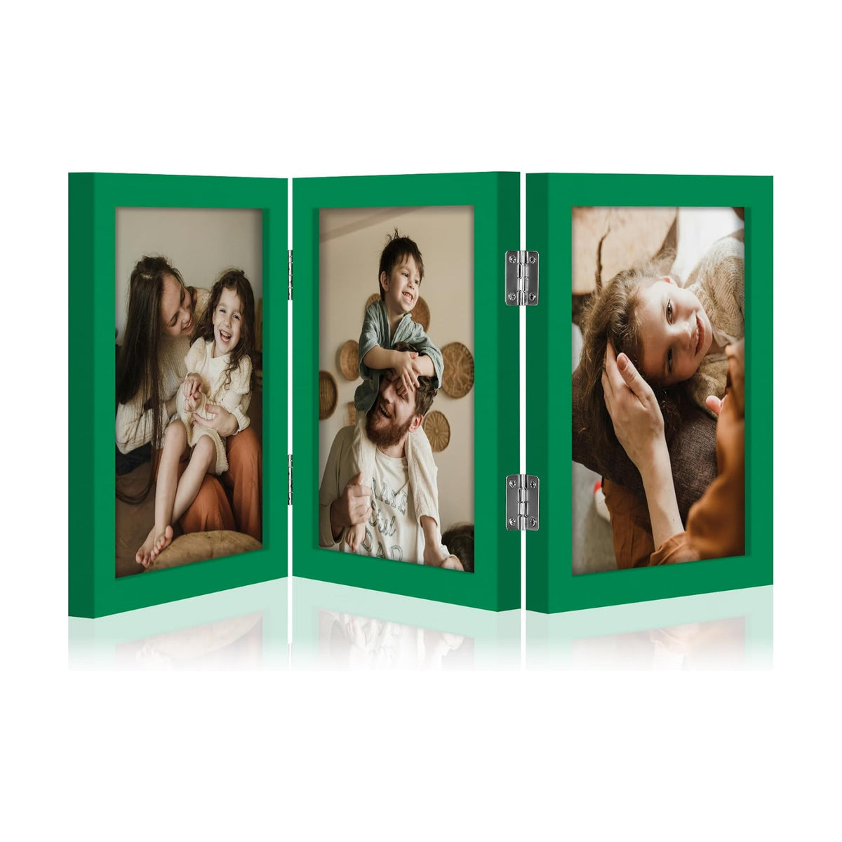 decorUhome Green Triple 5x7 Picture Frame Vertical, MDGN08 | "Z" Shape Folding Design Engineered Wood Trifold Photo