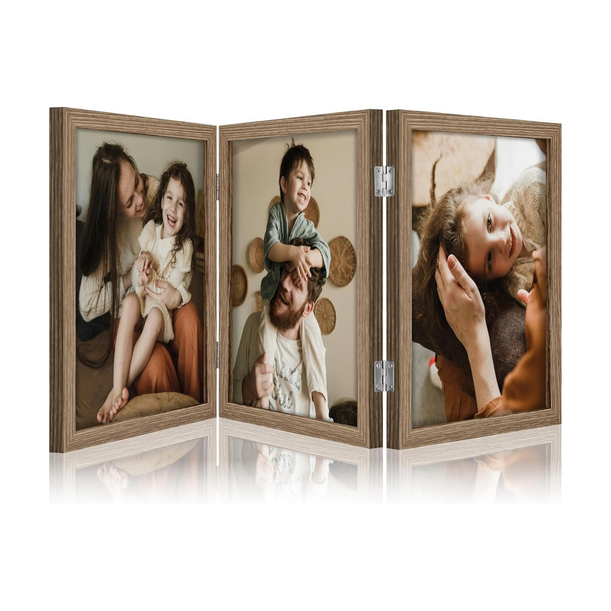 decorUhome Natural Triple 8x10 Picture Frame Vertical, MDNT08 | "Z" Shape Folding Design Engineered Wood Trifold Photo