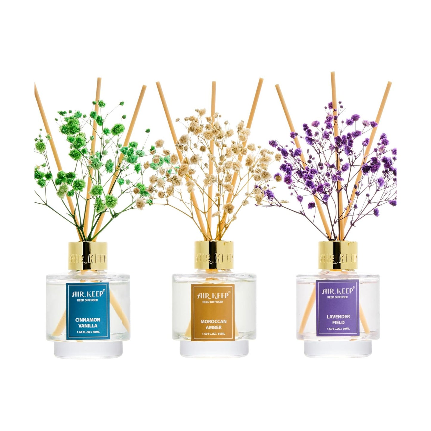 Airkeep Reed Diffuser Set of 3, Cinnamon Vanilla Lavender Field Moroccan Amber Oil Reed Diffusers for Bedroom Living