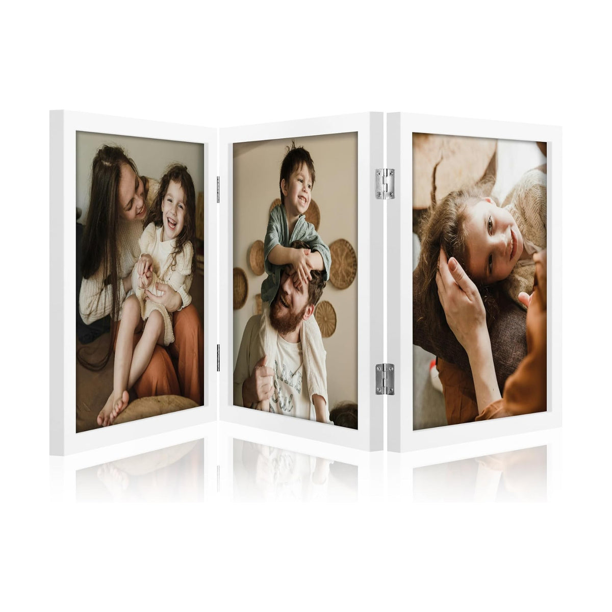 decorUhome White Triple 8x10 Picture Frame Vertical, MDWT08 | "Z" Shape Folding Design Engineered Wood Trifold Photo