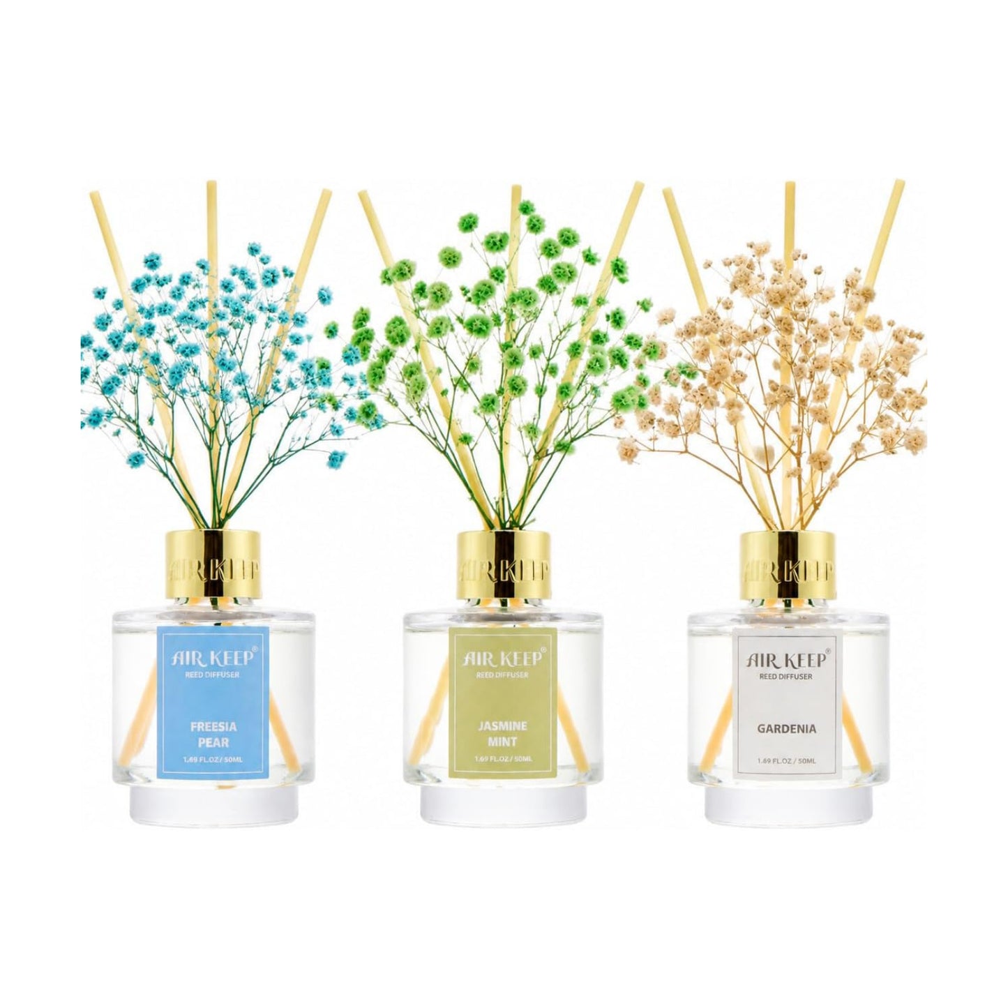 Airkeep Reed Diffuser Set of 3, Jasmine Mint Gardenia Freesia Pear Oil Reed Diffusers for Bedroom Living Room Office