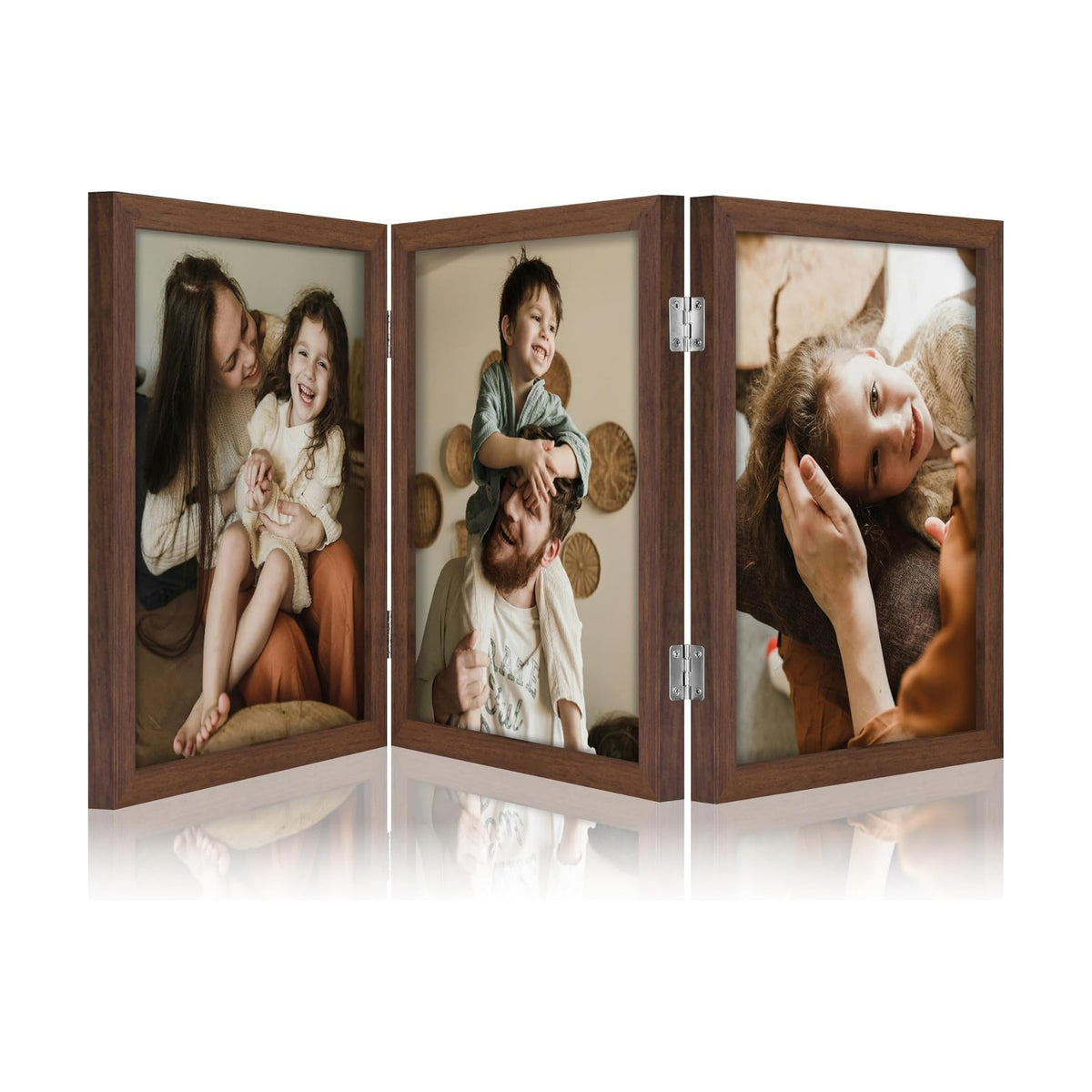 decorUhome Brown Triple 8x10 Picture Frame Vertical, MDBN08 | "Z" Shape Folding Design Engineered Wood Trifold Photo