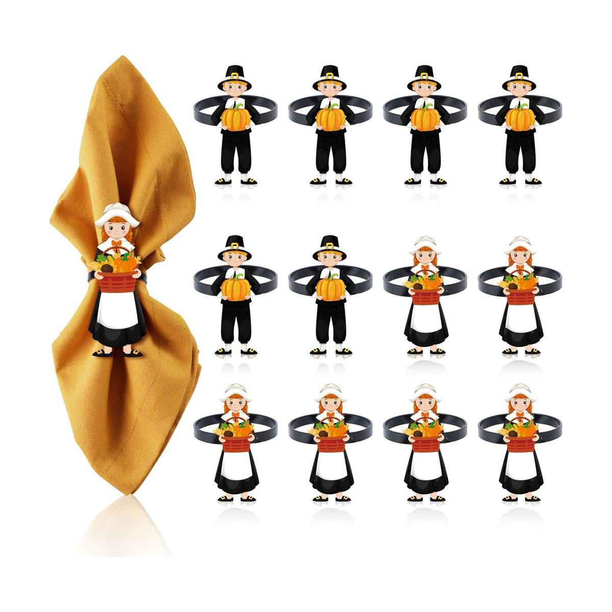 Thanksgiving Napkin Rings Set of 12,Pilgrim Napkin Holder Thanksgiving Metal Napkin Ring for Table Decor Dinnerware Sets Wedding Holiday