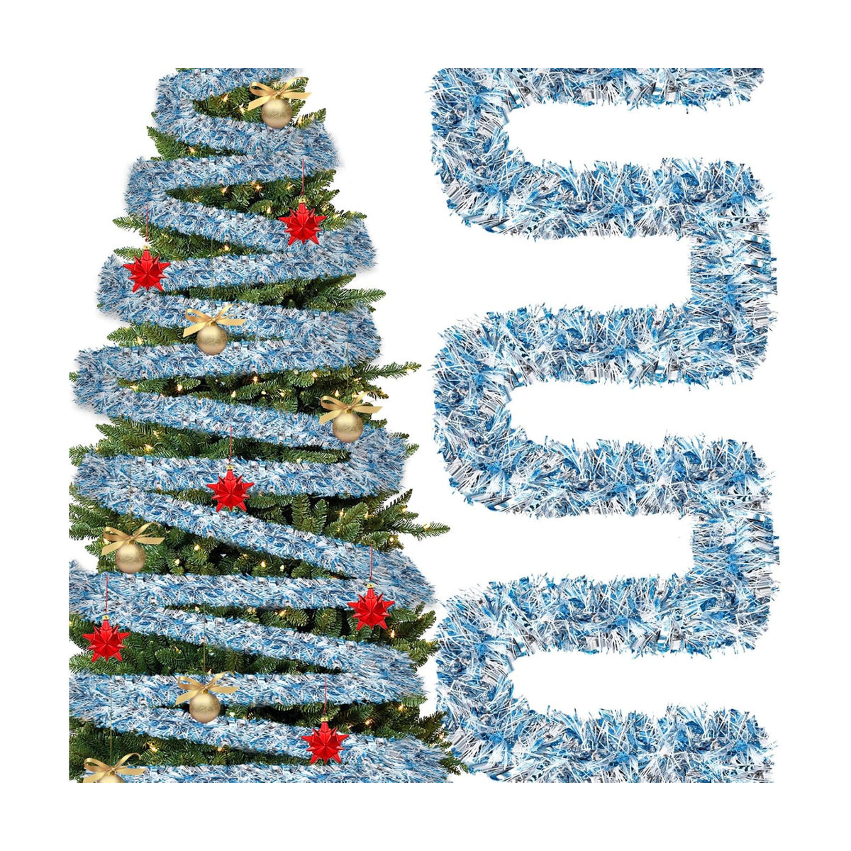 295 Feet Christmas Tinsel Garland Metallic Shiny Hanging Christmas Tree Tinsel Garland Ornaments for Indoor Outdoor Party Wedding Holiday(Blue, White, Silver)