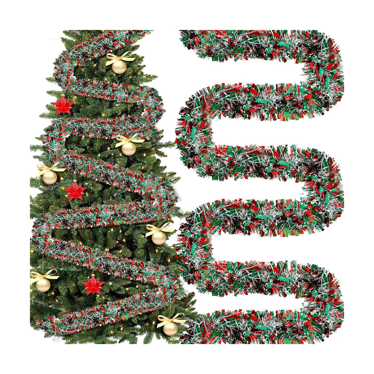 295 Feet Christmas Tinsel Garland, Red, Green, Silver