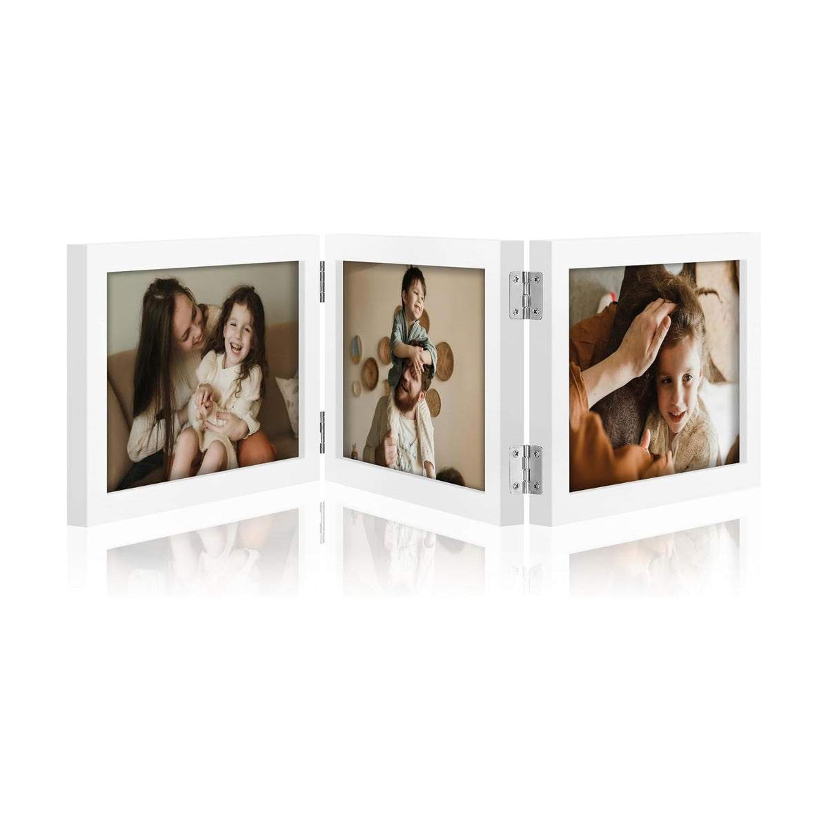 decorUhome White Triple 7x5 Picture Frame Horizontal, MDWT08 | "Z" Shape Folding Design Engineered Wood Trifold Photo