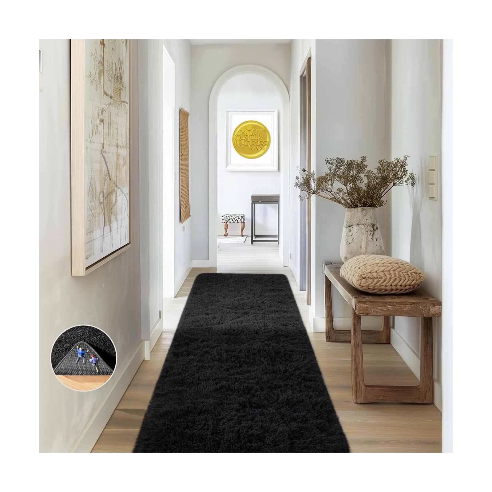 Ophanie Runner Rug for Hallway, 2x6 Bedroom Black Runner Rugs, Non Slip Fluffy Soft Shaggy Bedside Carpet for Kids