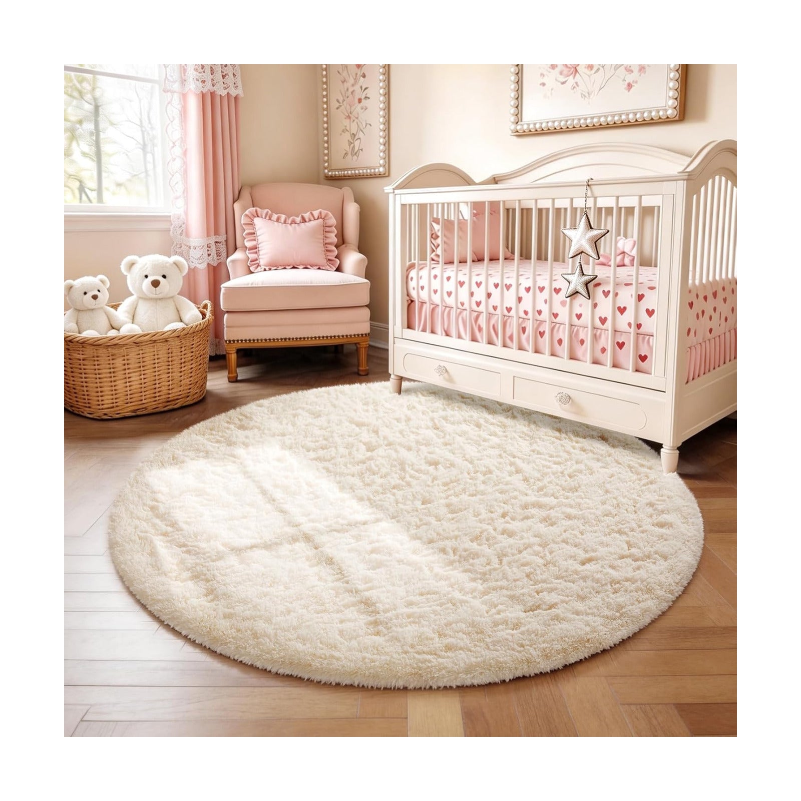 Ophanie Round Rug 4Ft Ivory Circle Area Rugs, Fluffy Fuzzy Small Bedroom Carpet 4 foot, Plush Shag Floor Cream Living
