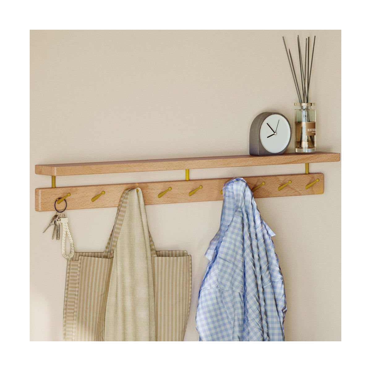 Solid Wood Wall Hooks with Shelf, Coat Rack Wall Mount, Entryway Hanging Shelf with 9 Brass Hooks for Hats, Clothes