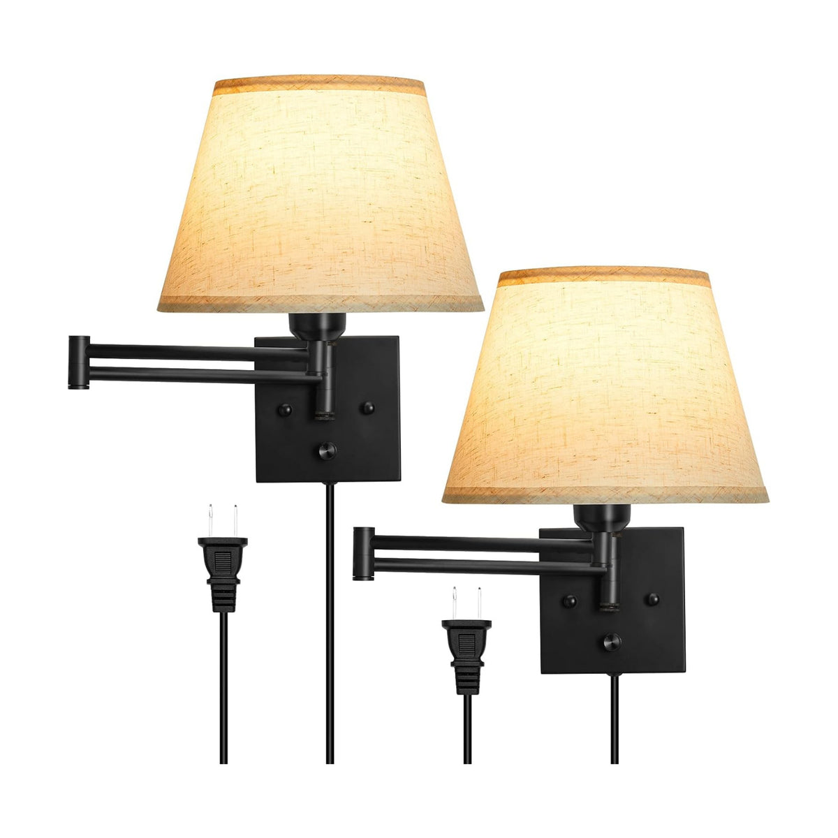 Wall Sconces Set of 2, Dimmable Wall Sconce, Plug in Wall Lights, E26 Based | Wall Lamp with Fabric Shade & Adjustable