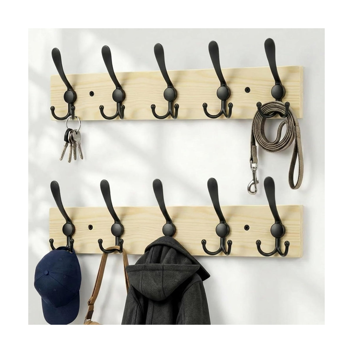 Wooden Coat Rack Wall Mount Heavy Duty, 2 Pack Coat Hanger Wall Mount with 5 Triple Hooks for Clothes, Jacket, Hat