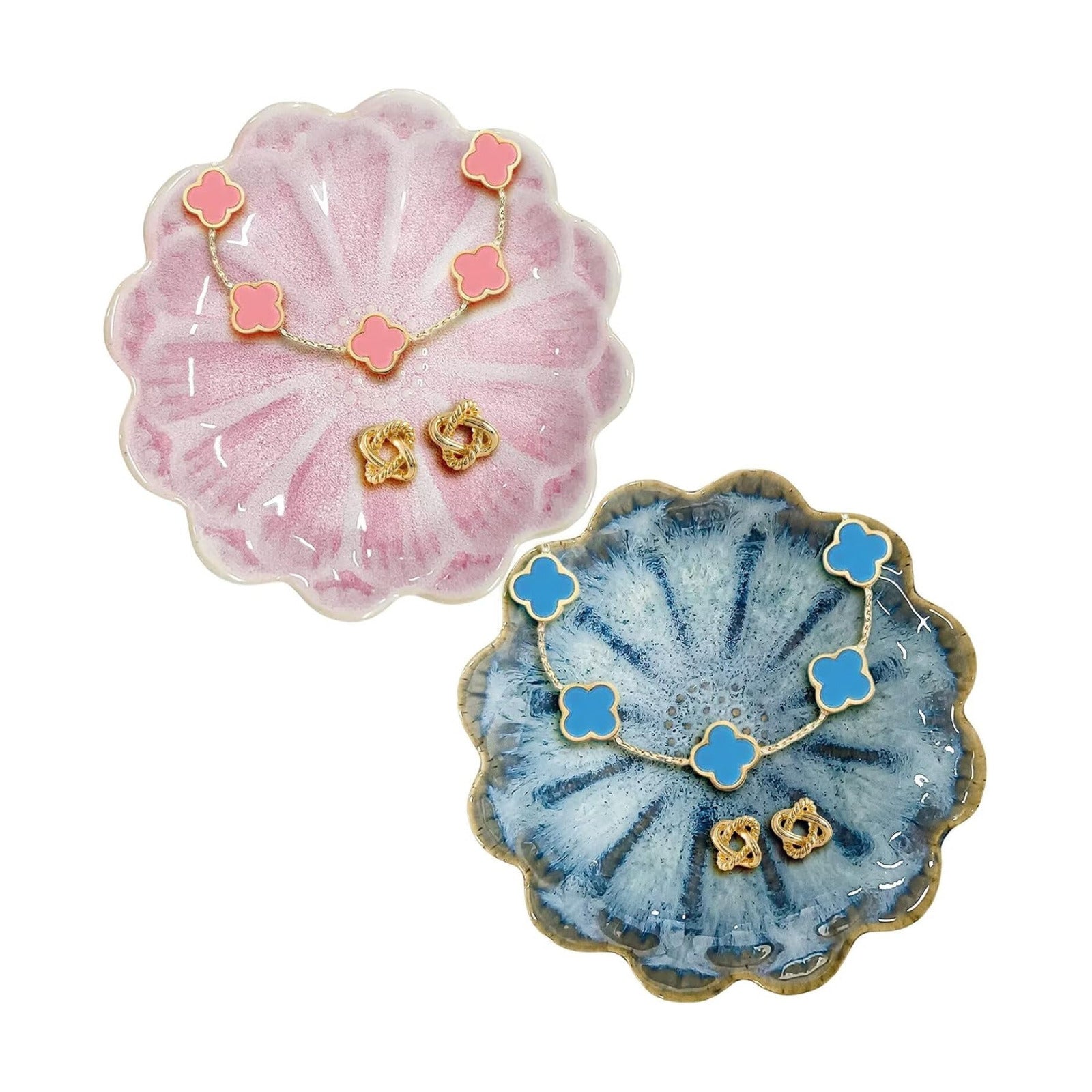 Lotus Ceramic Jewelry Tray / Retro Blue & Pink