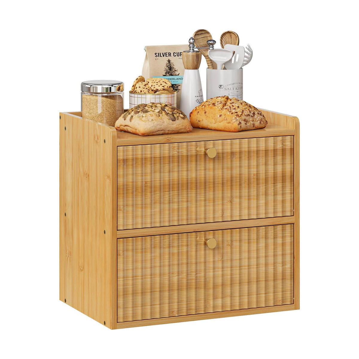 Trironsun Rustic Bread Box for Kitchen Countertop Bamboo Bread Storage Container Bin Double Layer BreadBox Farmhouse