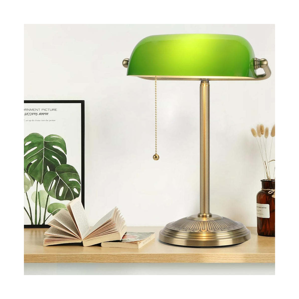 Bankers Lamp, Brass Finish with Pull Switch, Green Glass Shade | Classic Desk Lamp for Home, Office, Study, Piano